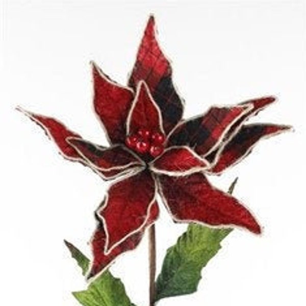 9" Black & Red Buffalo Check Velvet Poinsettia Floral Pick - XS3715