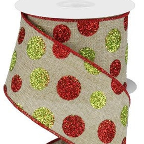 2.5" Red, Lime Green, & Natural Multi Size Glitter Dots on Royal Wired Ribbon RG01704XY