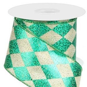 2.5&quot; X 10 Yards Emerald Green, and Gold Metallic Harlequin Wired Ribbon - RM9967XK
