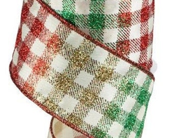 Red, Green, & Gold Glittered Gingham Check Wired Ribbon by the Roll 2.5" X 10 Yards Roll - RGC144833