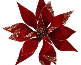 Red Velvet Sequin Flower Christmas Florals Poinsettia Flower Pick 