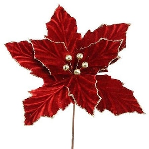 21" L 11"DIA Red Velvet Wired Brown Stem Poinsettia Floral Pick- NF4026