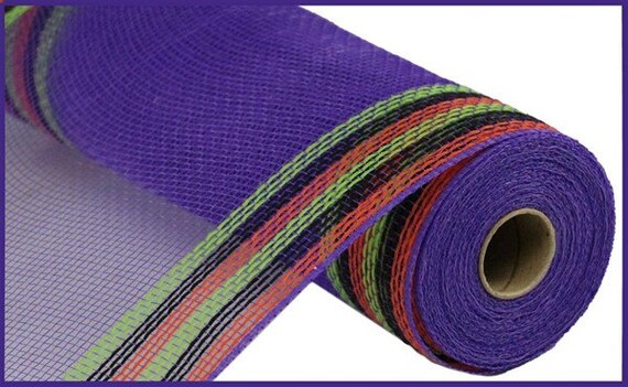 Purple with Green, Orange, & Black Border Stripe Faux Jute Deco Mesh - 10.5" X 10 Yards