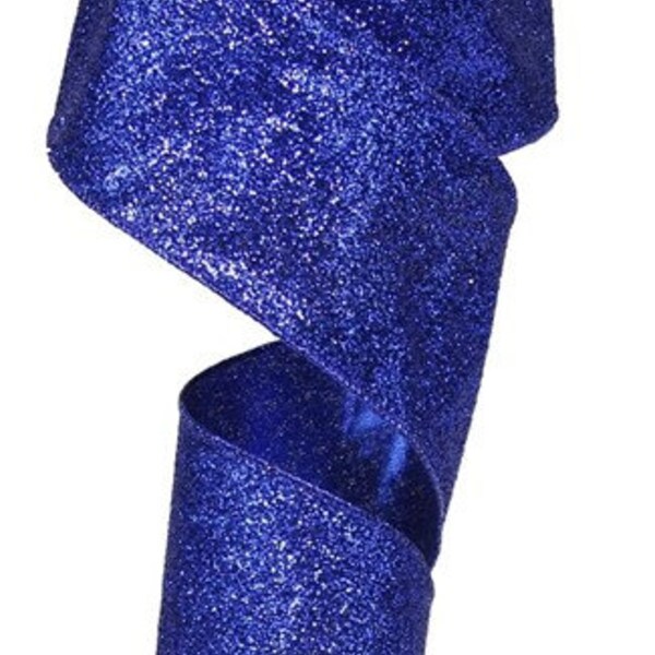 Ribbon - Wired Ribbon - Royal Blue Glitter On Metallic Ribbon - Floral Ribbon - Royal Blue - 2.5" X 10 Yards