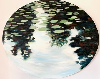 Lily pads and lake reflections, oval oil painting on canvas, 20" x 24"