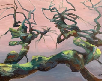 Colorful zen tree branch oil painting, Camperdown Elm