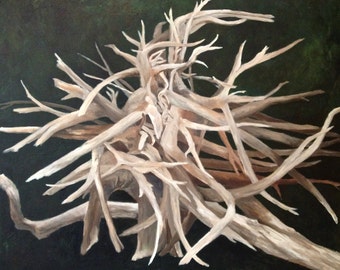 Striking driftwood oil painting, "Reliquary," 30" x 24"