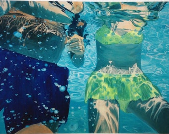 Retro pool swimmers (archival giclee print of original painting)