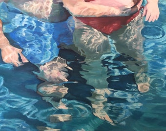 Family reflections in swimming pool, original oil painting, "Trifectious," 18" x 24"