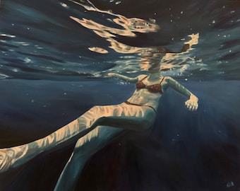 SALE! 20% off for January: Dramatic swimmer in dark ocean, original oil painting on canvas, "Parabola"