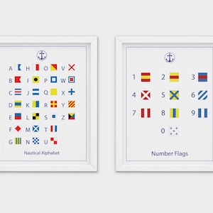 Conjunto de dois - alfabeto com bandeira náutica, pôsteres com números de bandeira náutica, arte de parede para berçário