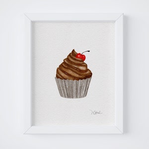 Chocolate Cherry Cupcake Watercolor Art Print Digital Download to Print at Home