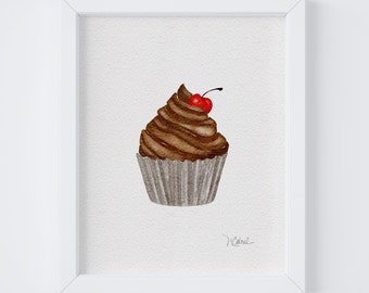 Chocolate Cherry Cupcake Watercolor Art Print Digital Download to Print at Home