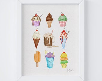 Ice Cream Treats Watercolor Art Print Digital Download to Print at Home