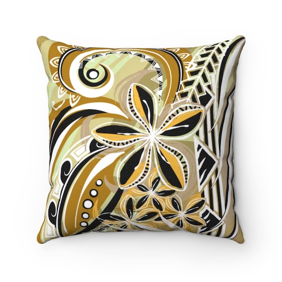 Hawaiian Poly Black And White Spun Polyester Square Pillow Samoan