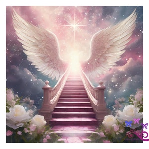 In Loving Memory Memorial Pink Background PNG, Ray Of Light Through Clouds, Stairway To Heaven, White Flowers, Angel Wings, Digital Download