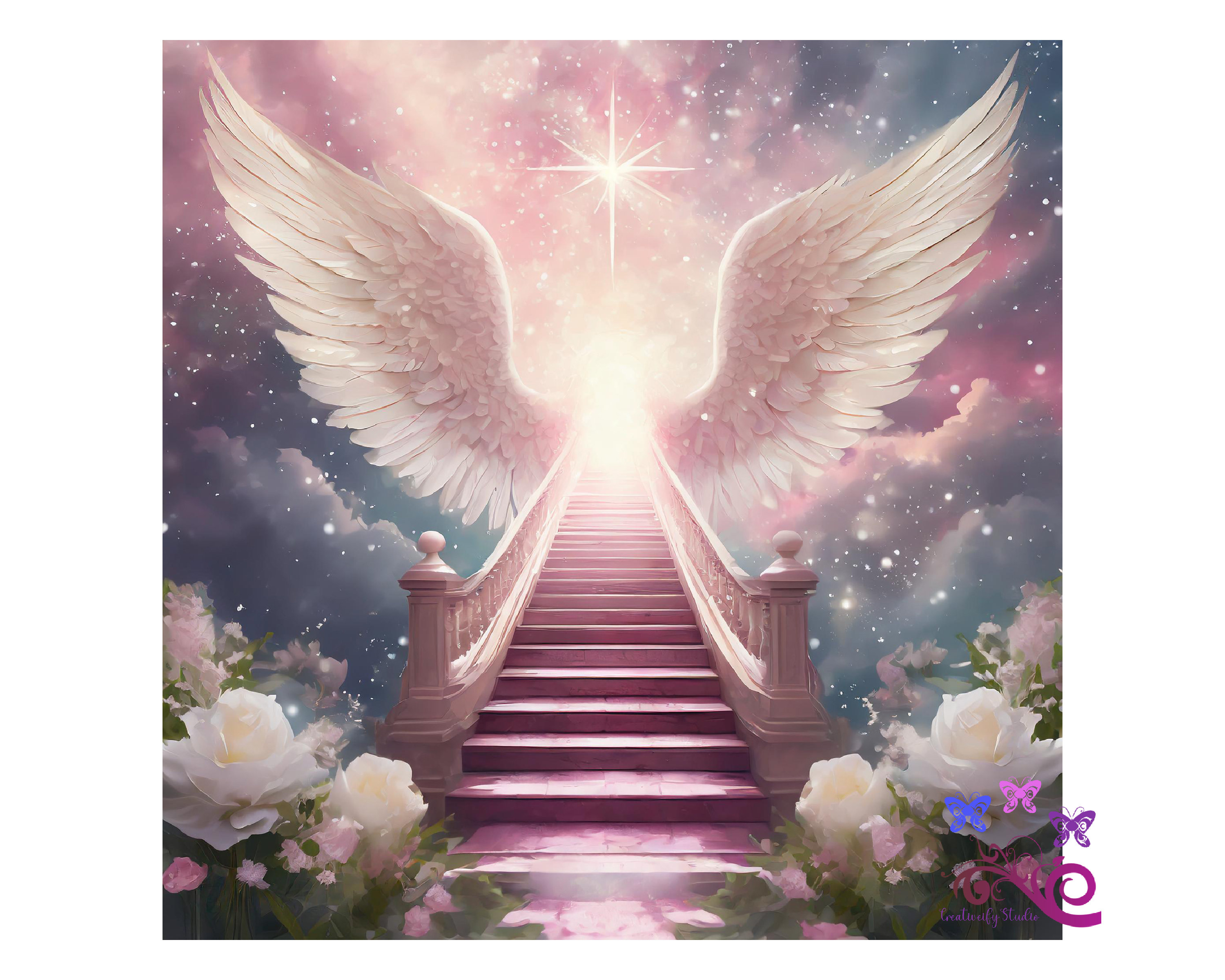 In Loving Memory Memorial Pink Background PNG, Ray Of Light Through Clouds, Stairway To Heaven, White Flowers, Angel Wings, Digital Download