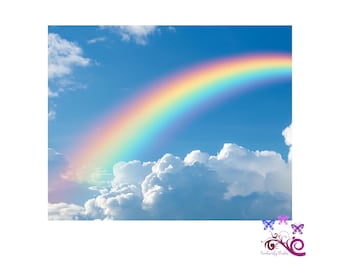 Colourful Rainbow In A Blue Sky With Clouds Background PNG, Printable Image, Fluffy Clouds, Memorial Image, Digital Download