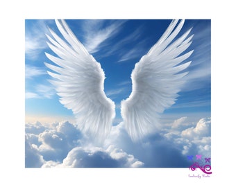 Memorial Image With Fluffy White Clouds And Large Angel Wings PNG, Loss Of Loved One, Never Forgotten, Funeral Design, Digital Download