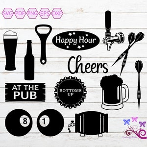 Happy Hour Pub Bundle SVG, Beer Keg, Boy's Night Out, Darts And Pool, Beer Glass, Bar Party, Alcoholic Beverage, Man Cave, Digital Download