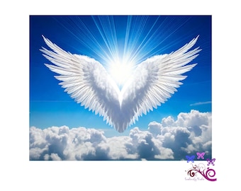 Heaven Background With Wings PNG, Memorial Image, Stairway To Heaven, Fluffy Clouds, Blue Background, Bursting Light, Digital Download