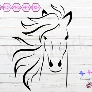 May include: Black and white line art illustration of a horse's head with flowing mane. The horse's head is facing forward with its eyes closed.