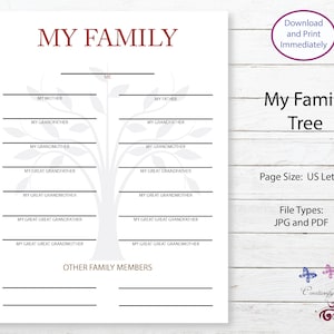 Printable Family Tree Chart, Family History, Kids Activity, Pedigree Chart, Genealogy Template, Ancestral Chart, Digital Download