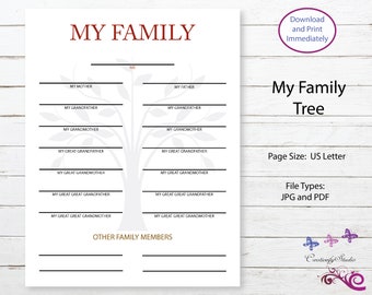 Printable Family Tree Chart, Family History, Kids Activity, Pedigree Chart, Genealogy Template, Ancestral Chart, Digital Download