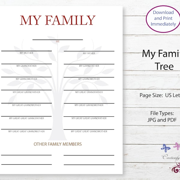 Printable Family Tree Chart, Family History, Kids Activity, Pedigree Chart, Genealogy Template, Ancestral Chart, Digital Download