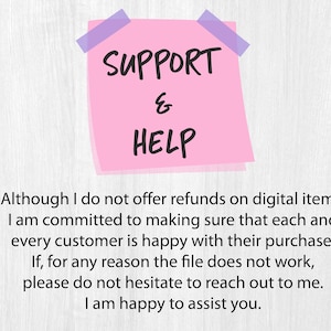 May include: A pink sticky note with the words "SUPPORT & HELP" in black. The note is attached to a light wood-grain surface with purple tape. Text below the note explains customer service.