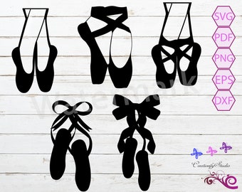 May include: Black silhouette images of ballet pointe shoes in various poses. The image includes several pairs of pointe shoes with ribbons and bows, perfect for dance-themed crafts or designs. The image also includes file type icons.