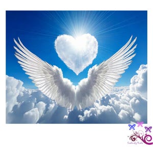 White Angel Wings With A Cloud Heart PNG, Memorial Image, In Loving Memory, Fluffy Clouds, Blue Background, RIP Image, Digital Download