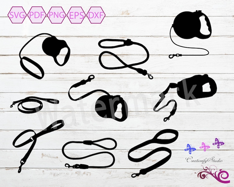 Puede incluir: Un conjunto de diez im&aacute;genes en silueta negra de diferentes tipos de correas para perros. Las correas incluyen una correa retr&aacute;ctil, una correa est&aacute;ndar y algunos tipos de collares diferentes.
