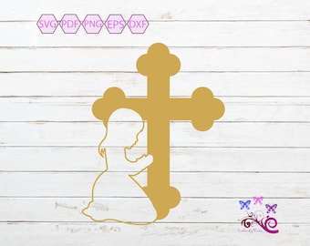 Cross With Praying Girl SVG, Cross Decal, Kids Praying, Baptism Confirmation, Communion Image, Christening Design, Digital Download
