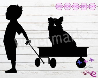 Boy Pulling Wagon And Dog SVG Clipart, Dog Lover, Man's Best Friend, Family Pet, Boy Loves Dog, Little Wagon, Walking Dog, Digital Download