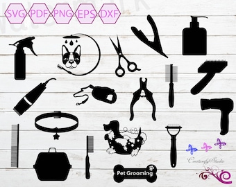 Dog Grooming Tools SVG, Pet Grooming, Pet Supplies, Dog Collar, Dog Clipart, Dog Leash SVG, Pet Carrier, Commercial Use, Digital Download