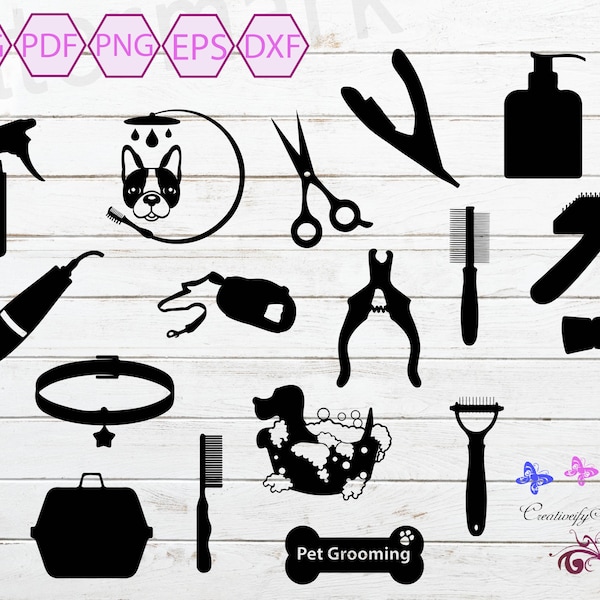 Dog Grooming Tools SVG, Pet Grooming, Pet Supplies, Dog Collar, Dog Clipart, Dog Leash SVG, Pet Carrier, Commercial Use, Digital Download