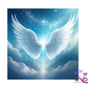 In Loving Memory Memorial Background With Serene Angel Wings PNG, Blue Sky With Fluffy White Clouds, Rest In Peace, Digital Download