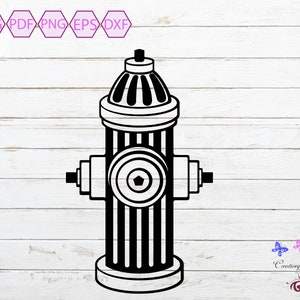 Puede incluir: Silueta en blanco y negro de una boca de incendios con una parte superior redondeada y un cuerpo a rayas. La boca de incendios tiene dos asas a los lados.