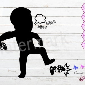 May include: A black silhouette of a person kicking a video game controller. The person is wearing a simple outfit and has a thought bubble above their head with the text "$@&%".