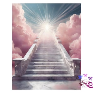 Può includere: Una scala in marmo sale verso una luce brillante in un cielo pieno di nuvole rosa. I gradini sono dettagliati con sottili venature e la scena evoca un senso di pace e trascendenza. L'immagine è un'opera d'arte digitale.