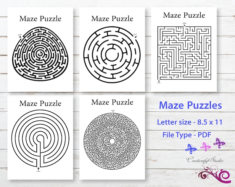 Printable Mazes For Kids, School Age, PreSchool Puzzles, Maze Game, Easy Hard, Start End, PDF Worksheet, Children Activity, Digital Download image 1