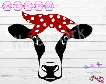 Cow Heifer with Polkadot Bow Hair Tie, Cow With Bandana, Livestock on the Farm SVG, Cow Clipart, Commercial Use, Digital Download