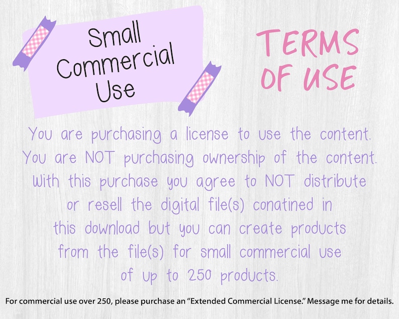 May include: A light purple banner with the text "Small Commercial Use" and "Terms of Use" in pink. The text explains the terms of use for the digital content, including the license and permitted usage for up to 250 products.