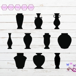 Könnte beinhalten: Ein Set mit 10 schwarzen Silhouette-Vasen-SVG-Schnittdateien. Die Vasen sind in verschiedenen Formen und Größen, darunter rund, oval und rechteckig.