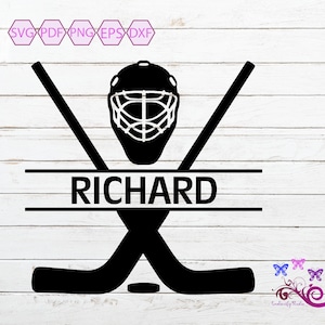 May include: Black and white silhouette of two hockey sticks crossed behind a hockey goalie mask with the name "RICHARD" in a banner above the sticks.