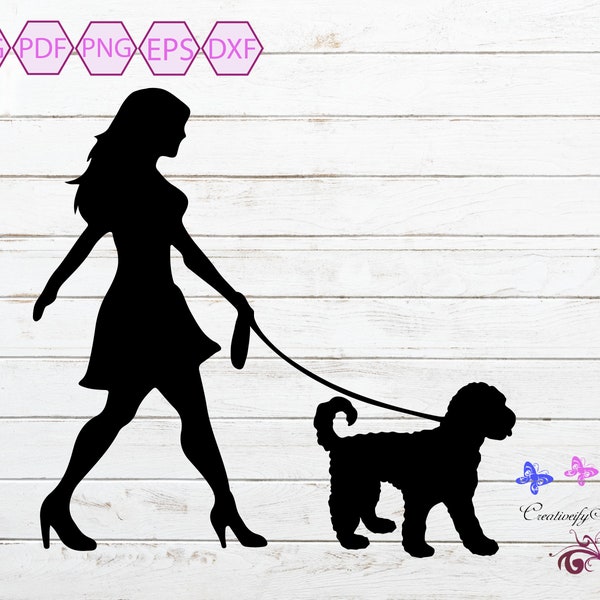 Dog Walker Goldendoodle Silhouette SVG, Woman Walking Dog, Canine SVG Clipart, Dog Lover Decal, Family Pet, Window Sticker, Digital Download