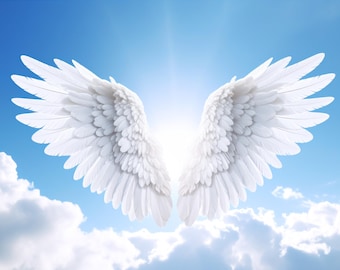 Memorial Image With Fluffy White Clouds And Large Angel Wings PNG, Loss Of Loved One, Never Forgotten, Funeral Design, Digital Download
