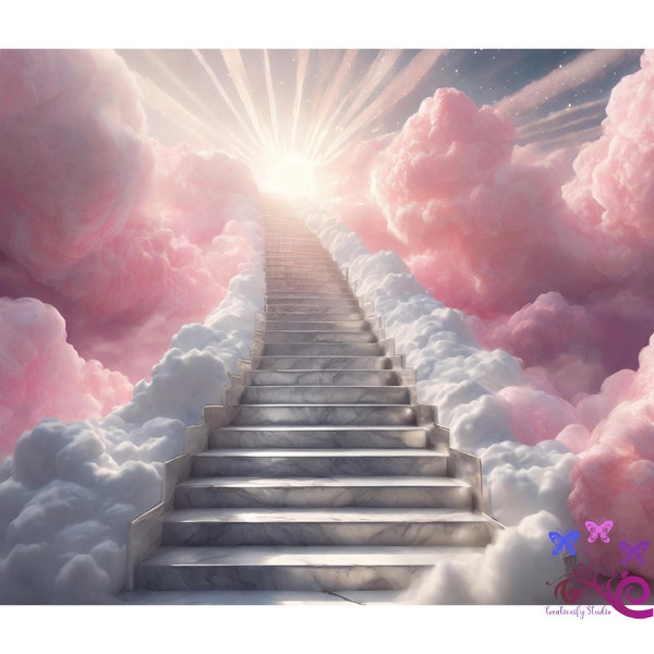 Marble Stairway To Heaven With Pink And White Clouds PNG, Ray Of Light, In Loving Memory, Lost Loved One, Pillow Image, Digital Download