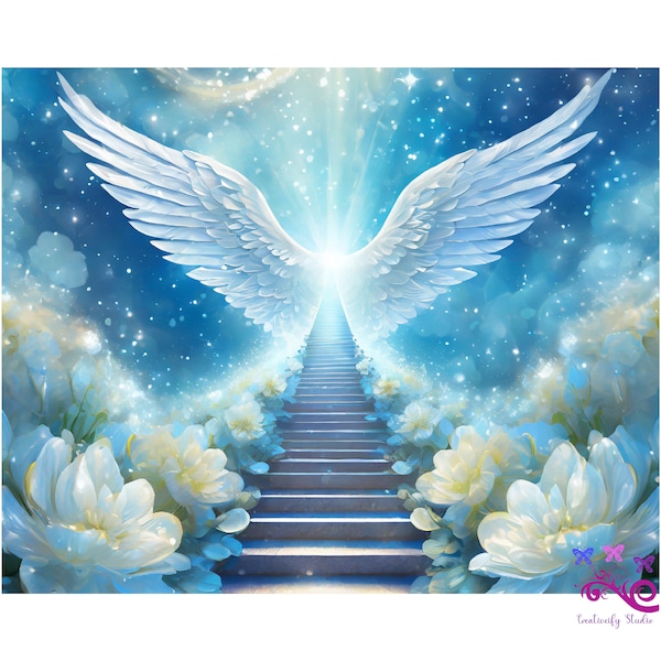 In Loving Memory PNG, Blue Heaven Image With Flowers And Sparkles, Stairway To Heaven With Delicate Angel Wings, Digital Download